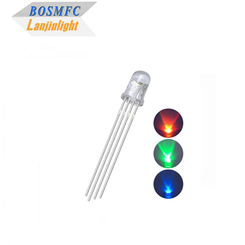 4 ปิน RGB LED 5 มม ผ่านรู 0.06W, แอนโด้ทั่วไป น้ําใส เลนส์ F5 Tri Color LED